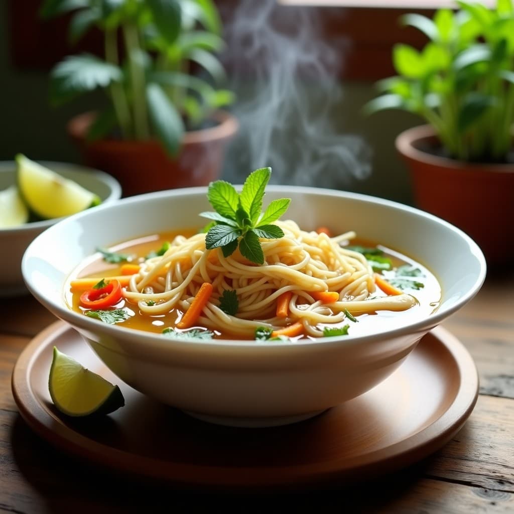 Bowl hondo de cerámica blanca con sopa de fideos de arroz gruesos, trozos de pollo desmenuzado, zanahoria en juliana, brotes de soja y hierbas frescas (cilantro vietnamita y menta) flotando en un caldo dorado y aromático con jengibre. Plato tradicional vietnamita servido con rodajas de limón al lado.