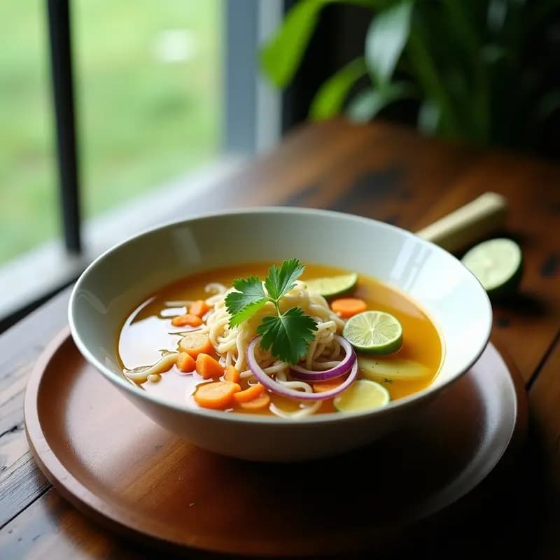 Cuenco blanco hondo con sopa vietnamita de fideos de arroz finos, caldo dorado aromático con trozos de zanahoria y cebolla morada, decorado con hojas de cilantro fresco y rodajas de lima. tallos de lemongrass al lado sobre tabla de madera.