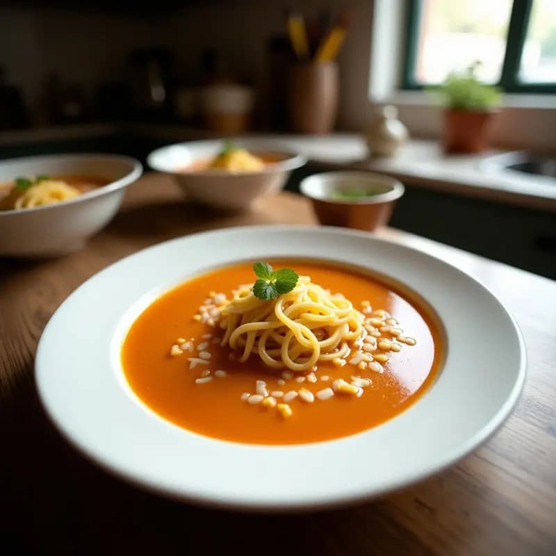 Plato hondo de cerámica blanca con sopa Ash Reshteh persa: fideos de arroz finos en caldo dorado con azafrán, garbanzos, espinacas y hierbas frescas. Decorada con yogur griego, rodajas de limón y hojas de hierbabuena y menta.