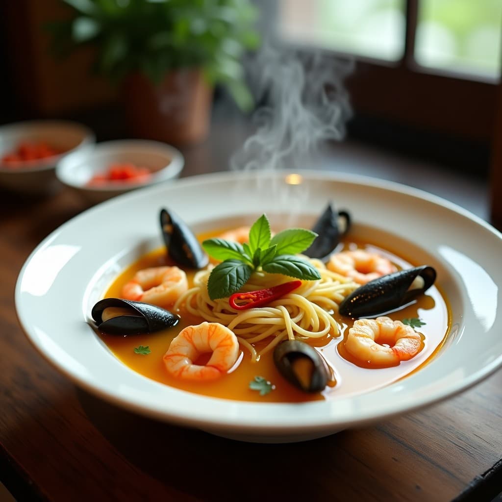 Cuenco hondo de cerámica blanca con sopa de fideos de arroz amarillos sumergidos en un caldo dorado con cúrcuma, gambas rosadas, mejillones abiertos y calamares. Decorado con hojas de cilantro verde y rodajas de chile rojo sobre fondo de madera rústica.