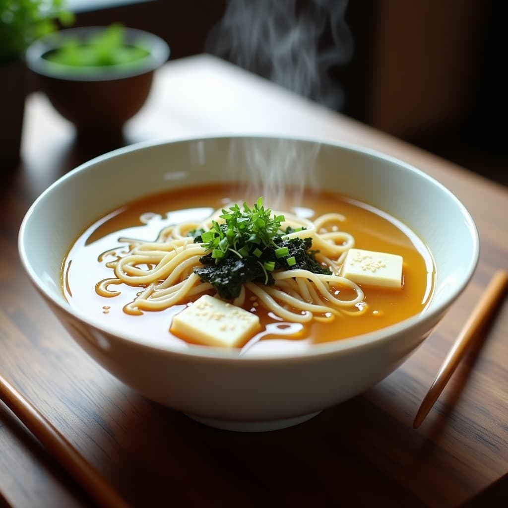 Cuenco hondo de cerámica blanca con sopa de fideos de arroz sumergidos en un caldo dorado de misos, trozos de tofu sedoso, algas wakame verdes y cebollino picado. Decorado con semillas de sésamo tostadas y un hilo de aceite de sésamo en la superficie. Plato japonés umami en olla exprés.