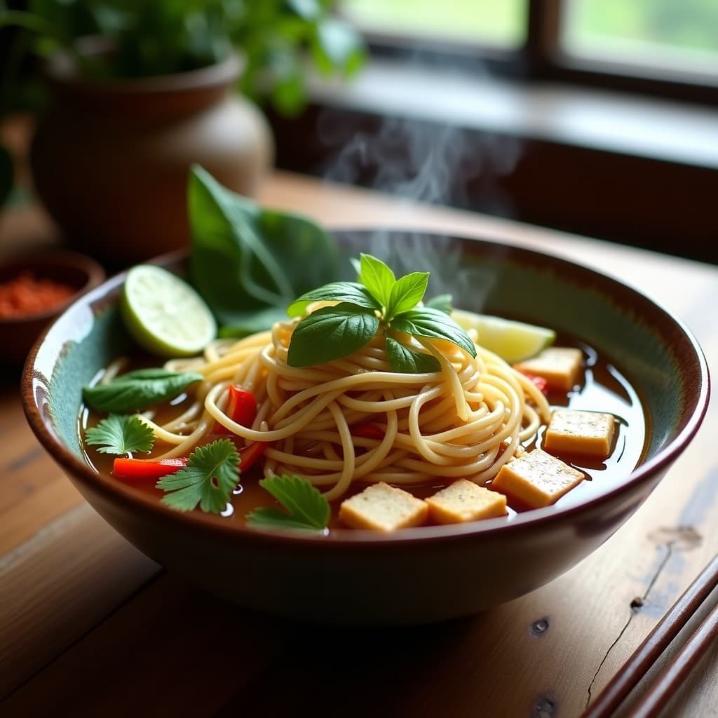 Bowl profundo con sopa vietnamita keto de fideos de arroz salteados, tofu ahumado dorado, vegetales frescos y hierbas aromáticas, decorado con rodajas de limón y cilantro.