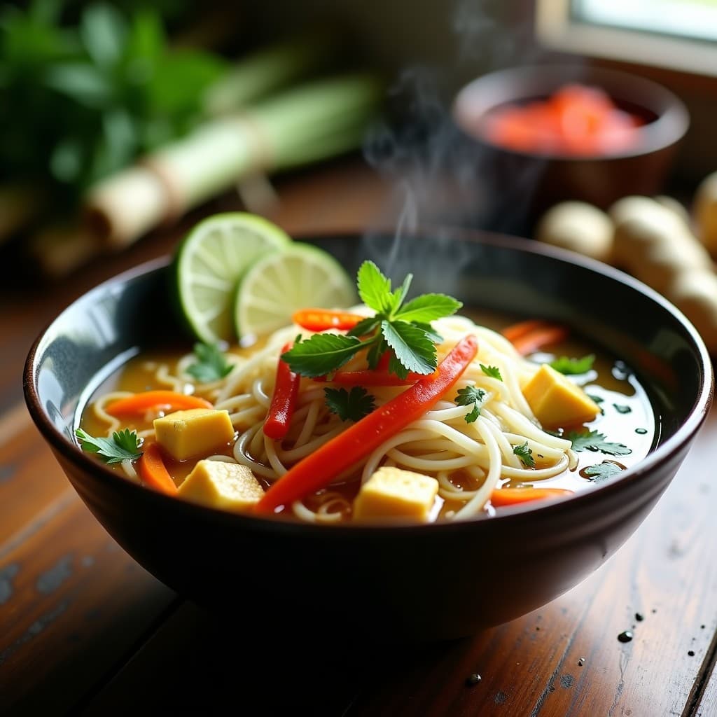 Cuenco hondo de cerámica oscura con sopa de fideos de arroz blancos, tofu dorado en cubos, zanahoria naranja, pimiento rojo y brotes de soja frescos. Decorado con hojas de cilantro y menta, rodajas de chile rojo y gajos de limón al lado. Fondo borroso con hierba limón y jengibre.
