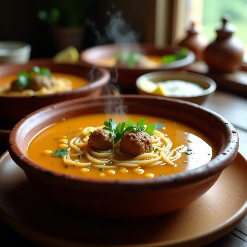 Olla de barro humeante con sopa Ash Reshteh iraní: fideos de arroz dorados, albóndigas de cordero especiadas, garbanzos y hierbas frescas en un caldo dorado por el azafrán, servida en cuencos de cerámica con yogur y limón.