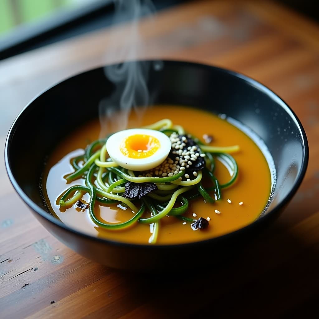Cuenco blanco de cerámica con sopa coreana low carb de fideos de calabacín verdes, algas wakame oscuras, tofu en cubos y semillas de sésamo. Decorado con cebollino picado y un hilo de aceite de sésamo tostado. Fondo de madera clara con utensilios de cocina tradicionales.