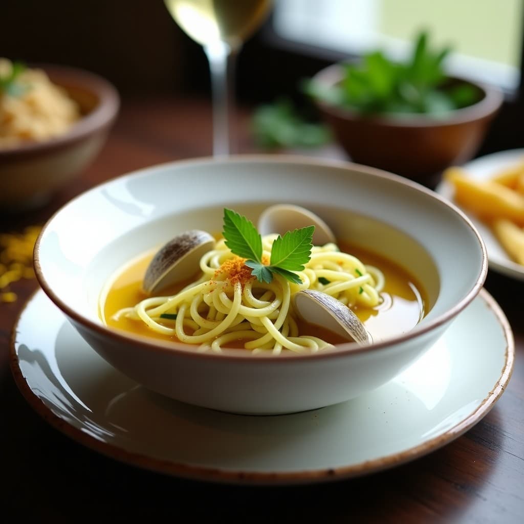 Cuenco hondo de cerámica blanca con sopa de fideos de calabacín verde, almejas abiertas y un caldo dorado con azafrán. Decorado con perejil fresco y hebras de azafrán, servido sobre una mesa de madera rústica con un vaso de vino blanco al fondo.