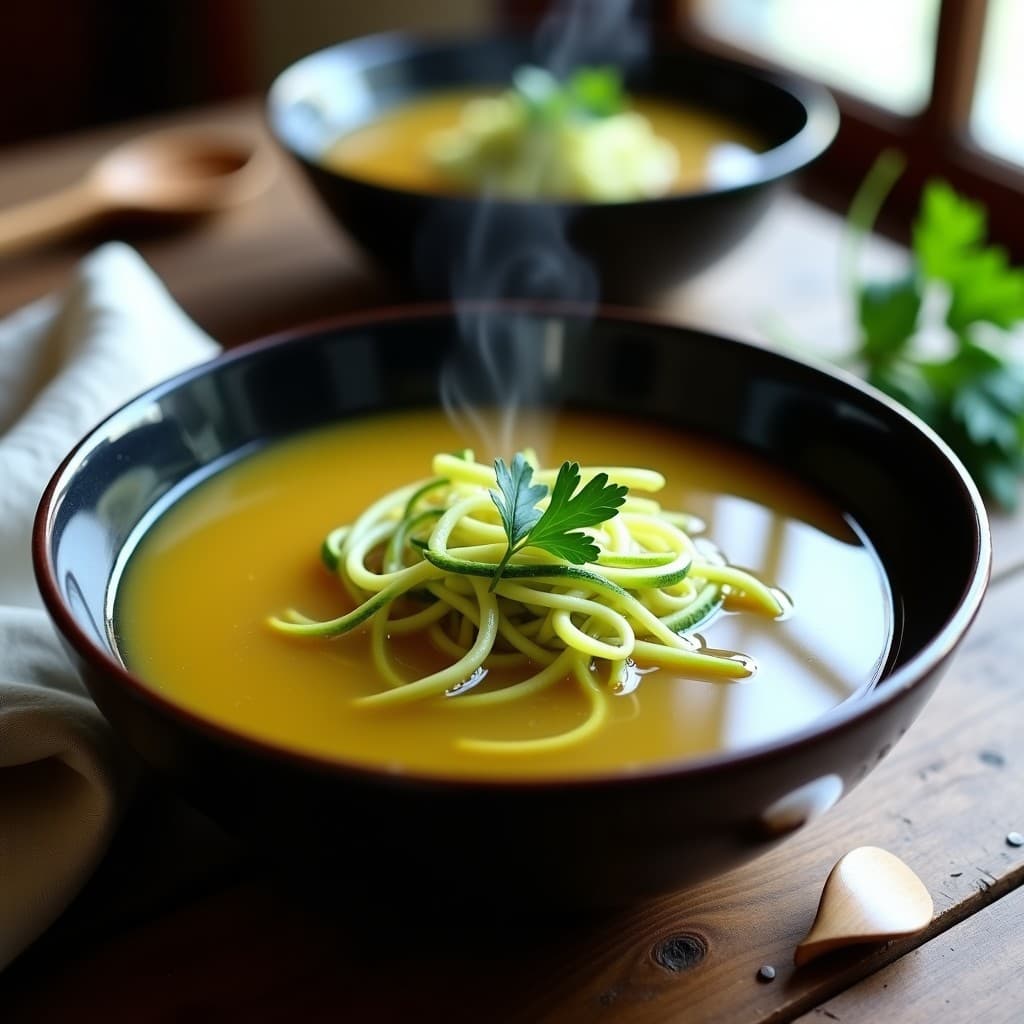 Plato hondo de cerámica blanca con sopa de fideos de calabacín en espiral bañados en caldo de huesos dorado y transparente, decorado con cilantro fresco y una pizca de pimienta negra. Receta paleo en Thermomix.