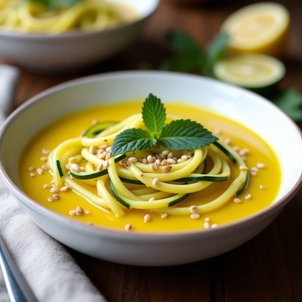 Bowl de porcelana blanca con sopa fría de fideos de calabacín en espiral, bañados en un aderezo amarillo dorado de cúrcuma y limón, decorados con ajonjolí tostado, perejil fresco y hojas de menta. Plato refrescante y colorido sobre fondo de madera clara.