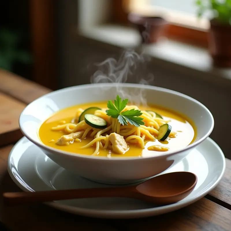 Sopa humeante de fideos finos, calabacín en juliana y trozos de pollo en un cuenco blanco, espolvoreada con perejil fresco y un toque de curry dorado. Receta rápida de Thermomix.