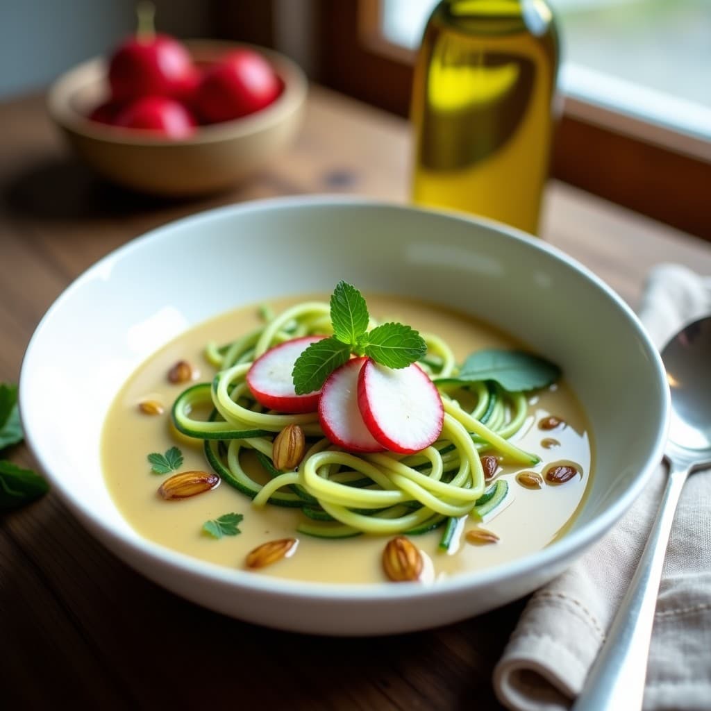 Sopa fría crudivegana en cuenco blanco con fideos de calabacín verdes, caldo cremoso de anacardos, semillas de calabaza tostadas, hojas de menta y rabanitos rojos en juliana. Receta sin cocción y llena de nutrientes.