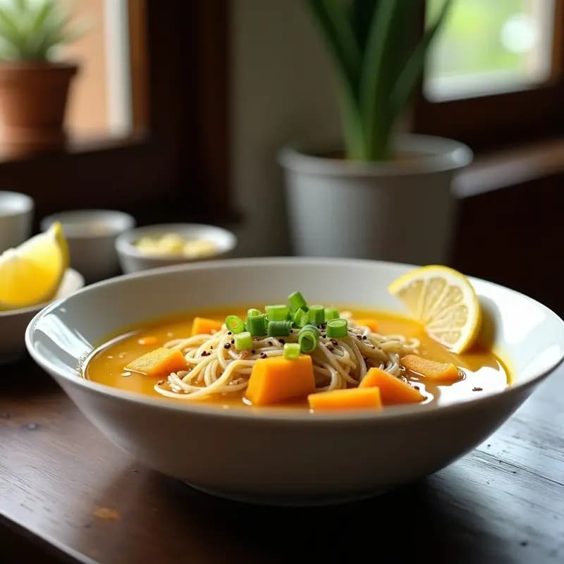 Cuenco hondo de cerámica blanca con sopa de fideos de arroz, trozos de calabaza butternut, decorada con semillas de sésamo tostadas, cebollino picado y gajos de limón al lado. Plato tradicional chino depurativo y ligero.