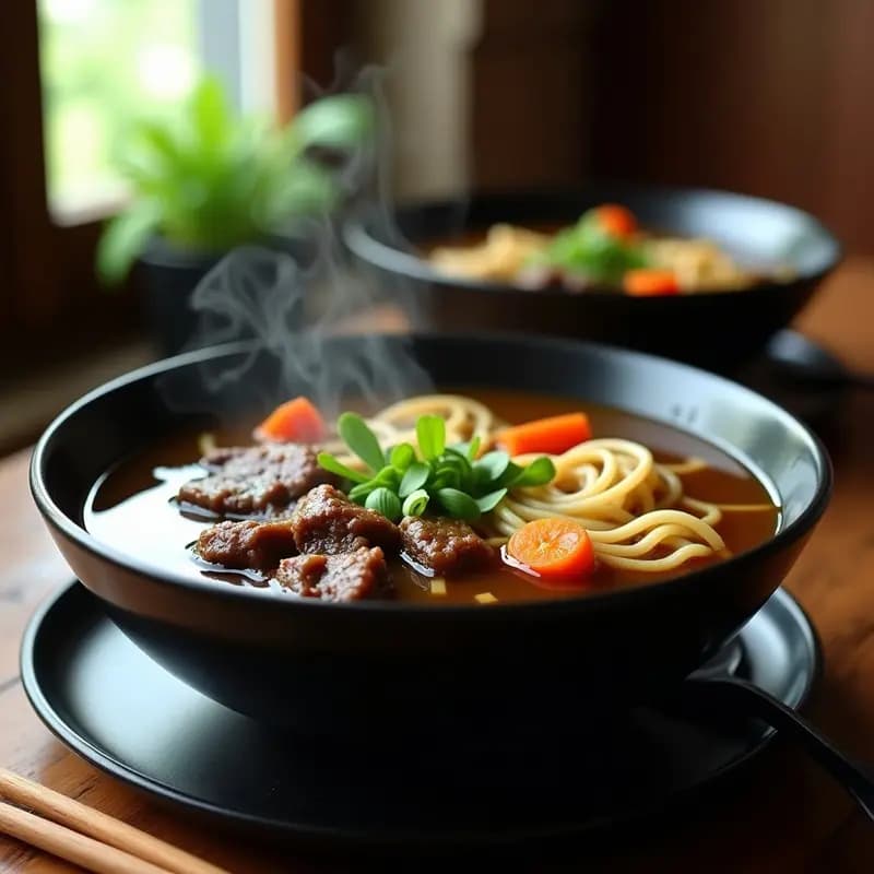 Cuenco hondo de cerámica oscura con sopa de fideos gruesos de arroz bañados en un caldo dorado y espeso de estofado de res filipino, trozos de carne tierna, brotes de soja frescos, cebollino picado y rodajas de limón calamansi al lado. Plato tradicional reconfortante.