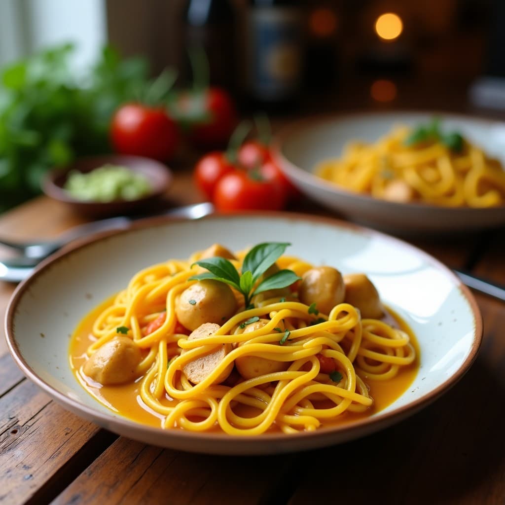 Cuenco hondo de cerámica blanca con sopita de fideos de camote y pollo al curry, decorada con cilantro fresco y semillas de sésamo. La sopa tiene un color morado claro con trozos de pollo y camote, servida con una cuchara de madera. Al fondo, ingredientes como jengibre, limón y pasta de curry sobre una mesa de madera rústica.