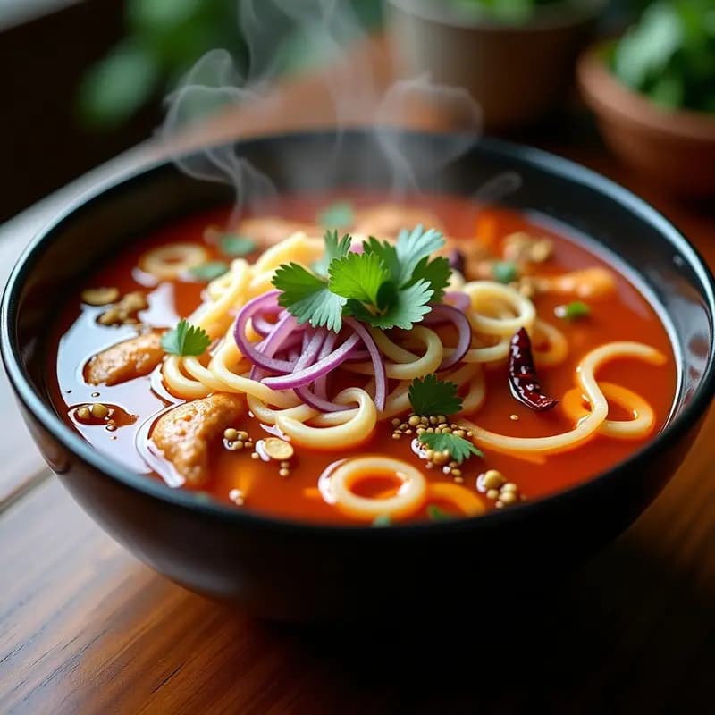 Cuenco negro humeante con sopa de fideos cellophane transparentes, trozos de pollo dorado, cebolla morada, cilantro fresco y cacahuetes triturados. Caldo rojo intenso por las especias Szechuan, decorado con un hilo de aceite de sésamo.