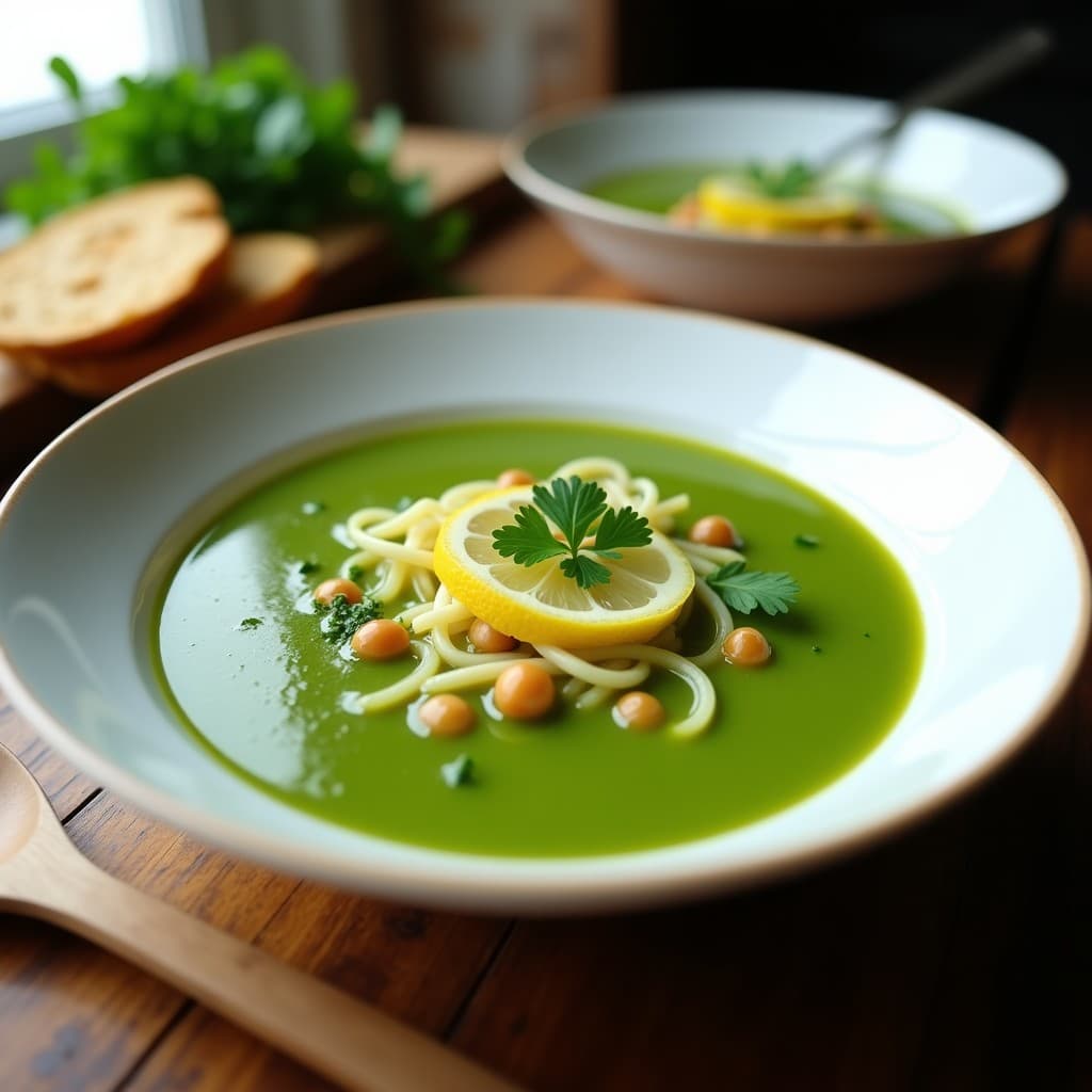 Cuenco hondo de cerámica blanca con sopa de fideos de garbanzo de color verde esmeralda, espolvoreada con semillas de sésamo tostadas. Fondo con hierbas frescas y rodajas de limón. Receta keto y vegana de sopa de fideos de garbanzo con espirulina y limón.