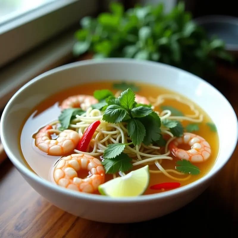 Cuenco hondo de cerámica blanca con sopa de fideos glass transparentes, camarones rosados, brotes de soja, cilantro, menta y rodajas de chile rojo. Caldo dorado y aromático con toques de jengibre y limoncillo en un fondo rústico.