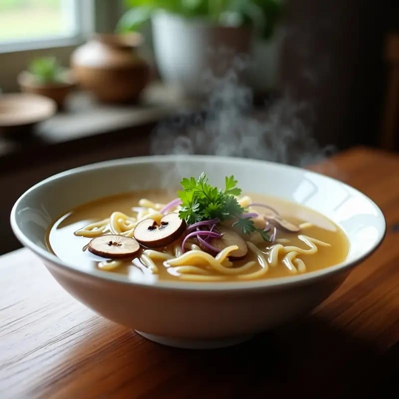 Plato hondo blanco con sopa humeante de fideos de konjac transparentes, setas maitake doradas, cebolla morada y perejil fresco, servida en cuenco de cerámica con fondo de madera rústico.