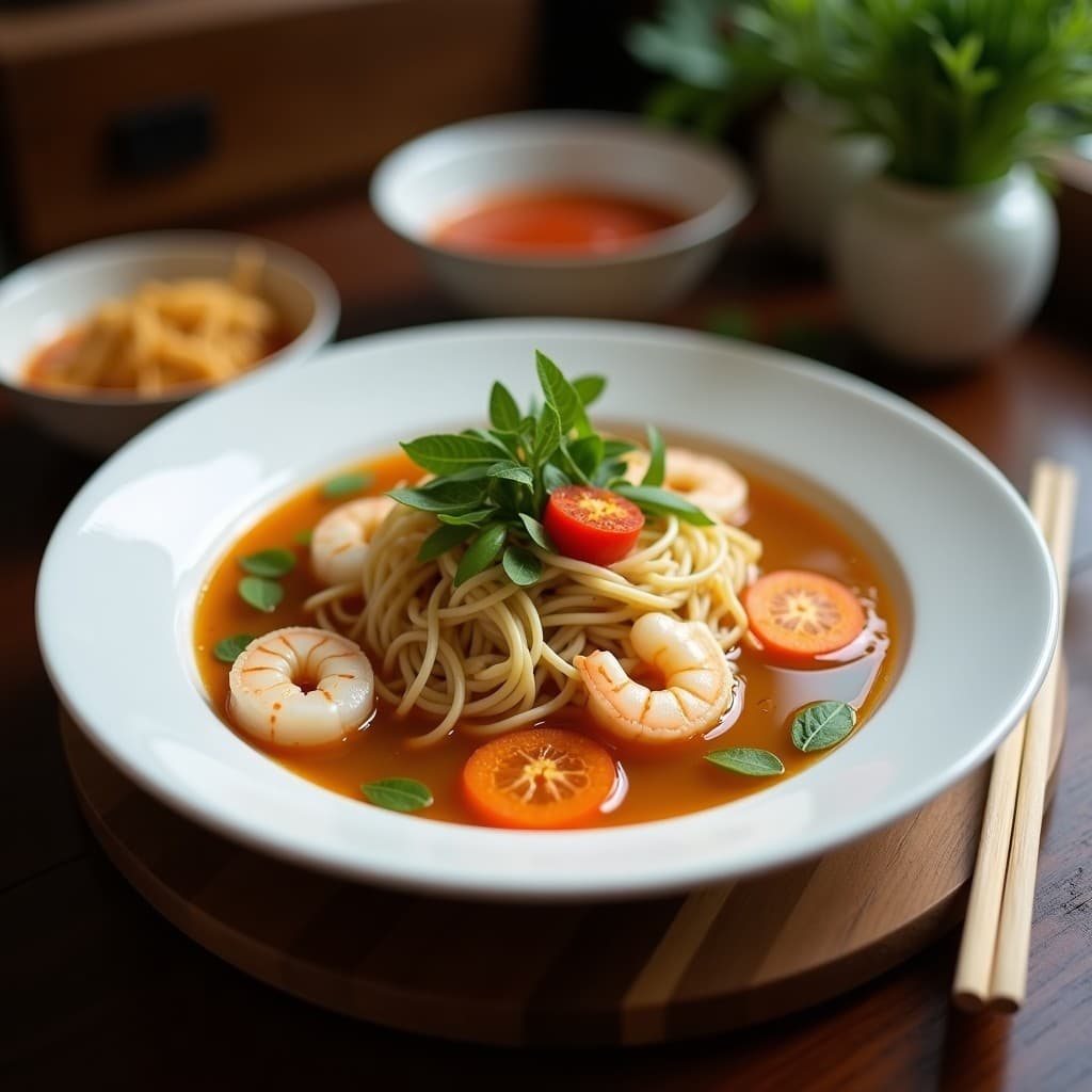 Plato hondo de cerámica blanca con sopa de fideos de konjac transparentes, gambas rosadas y mejillones en un caldo dorado aromatizado con lemongrass. Decorado con cilantro fresco y rodajas de lima, receta tailandesa low-carb en 15 minutos.