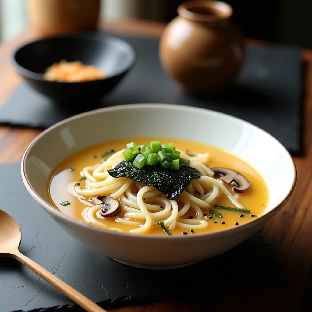 Cuenco de cerámica negra con sopa de fideos de konjac transparentes en caldo de miso dorado, decorada con algas nori, semillas de sésamo negro y cebollino picado. Plato keto japonés sin calorías.