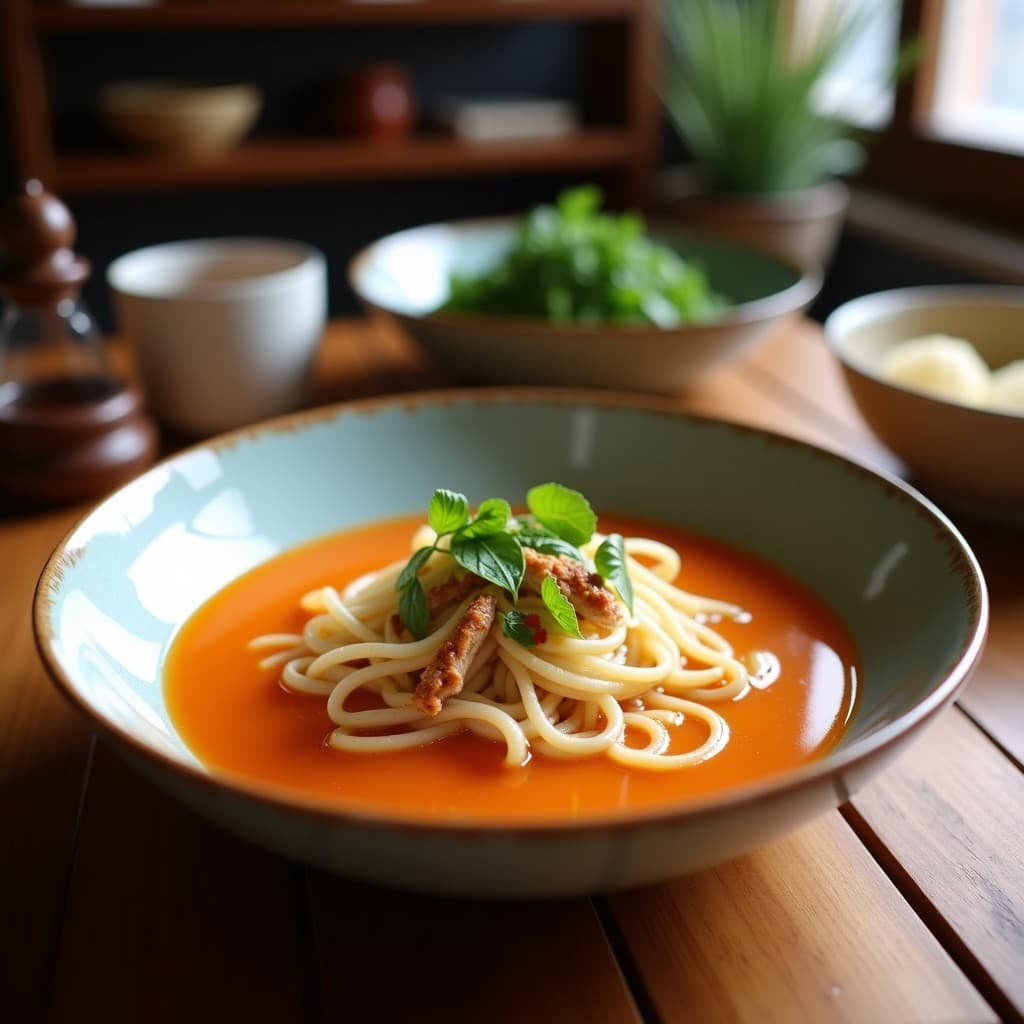 Cuenco de cerámica blanca con sopa de fideos de konjac y pollo low-carb, caldo dorado con trozos de pollo, champiñones shiitake y algas wakame, decorado con cebollino picado y semillas de sésamo, servido sobre una mesa de madera con utensilios japoneses.