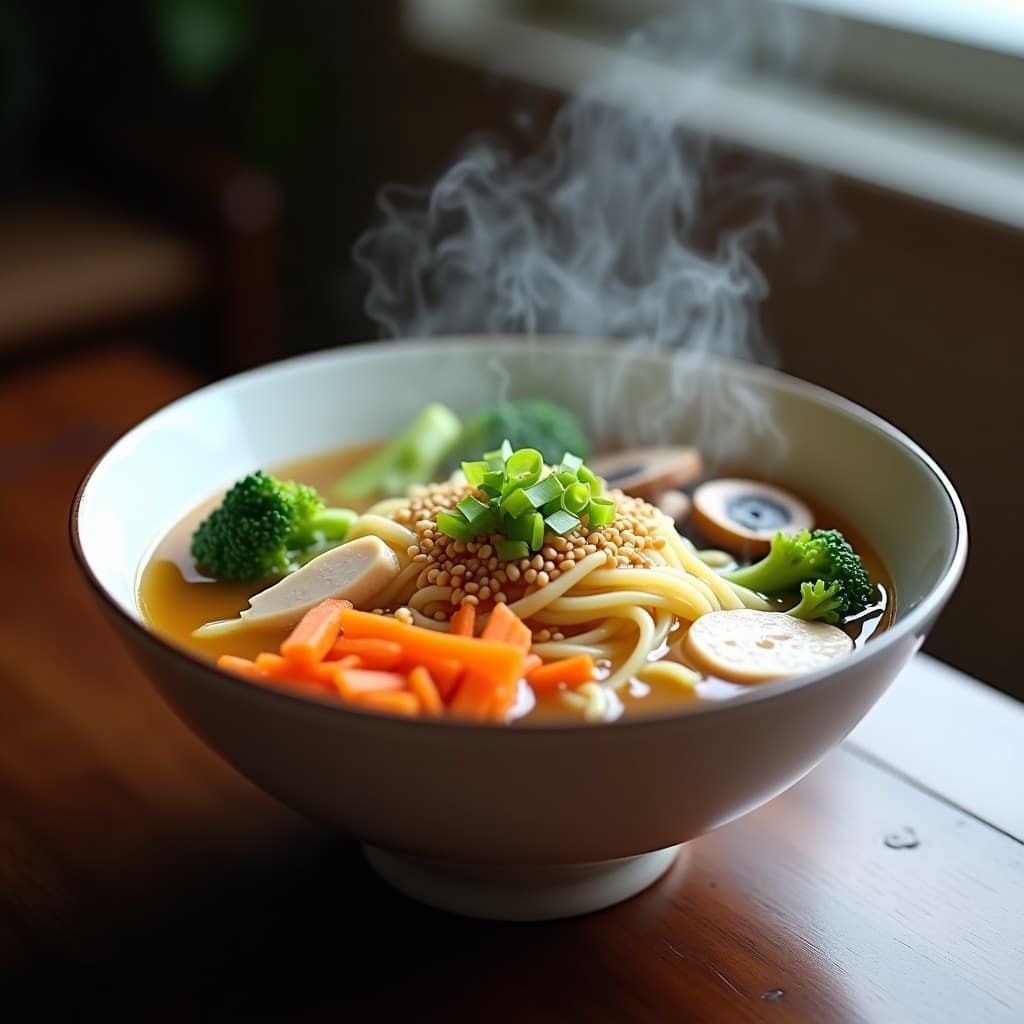 Cuenco de cerámica blanca con sopa de fideos de konnyaku transparentes, trozos de pollo al vapor, brócoli, zanahoria y champiñones shiitake en un caldo dorado. Decorado con semillas de sésamo y cebolla verde picada. Receta japonesa keto baja en calorías.
