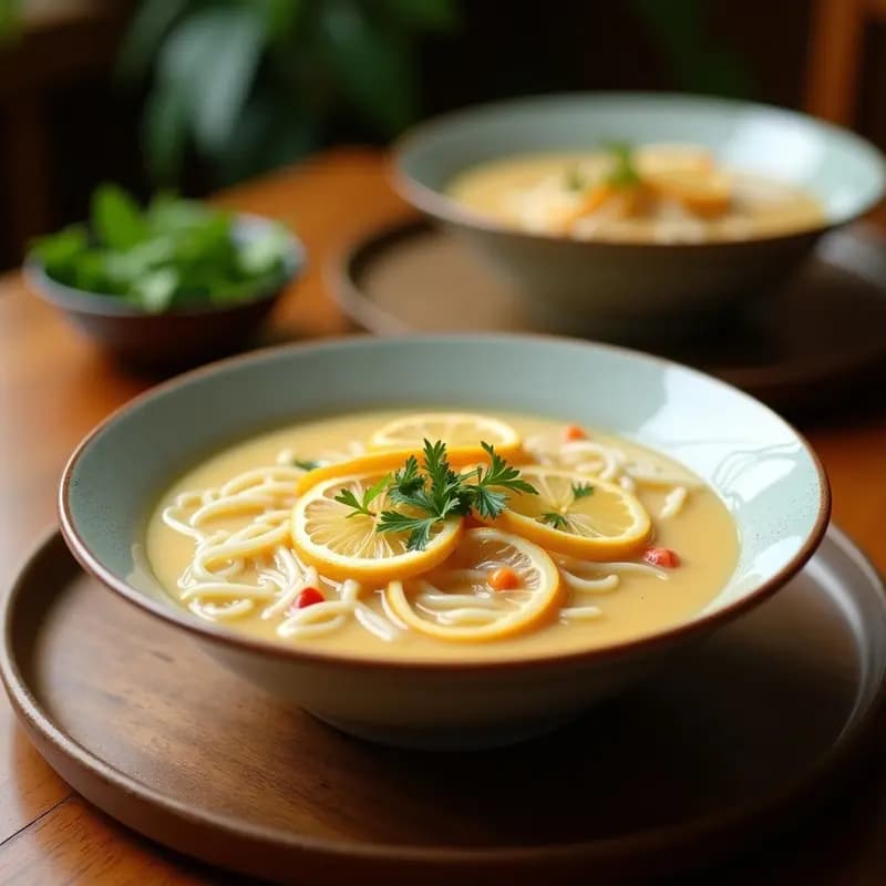 Cuenco hondo de cerámica negra con sopa de fideos de arroz bañados en una cremosa leche de coco amarillenta, decorada con gambas, brotes de soja, cilantro fresco y cacahuetes tostados. Rodajas de lima y chile rojo al lado. fondo borroso con hierbas tailandesas.