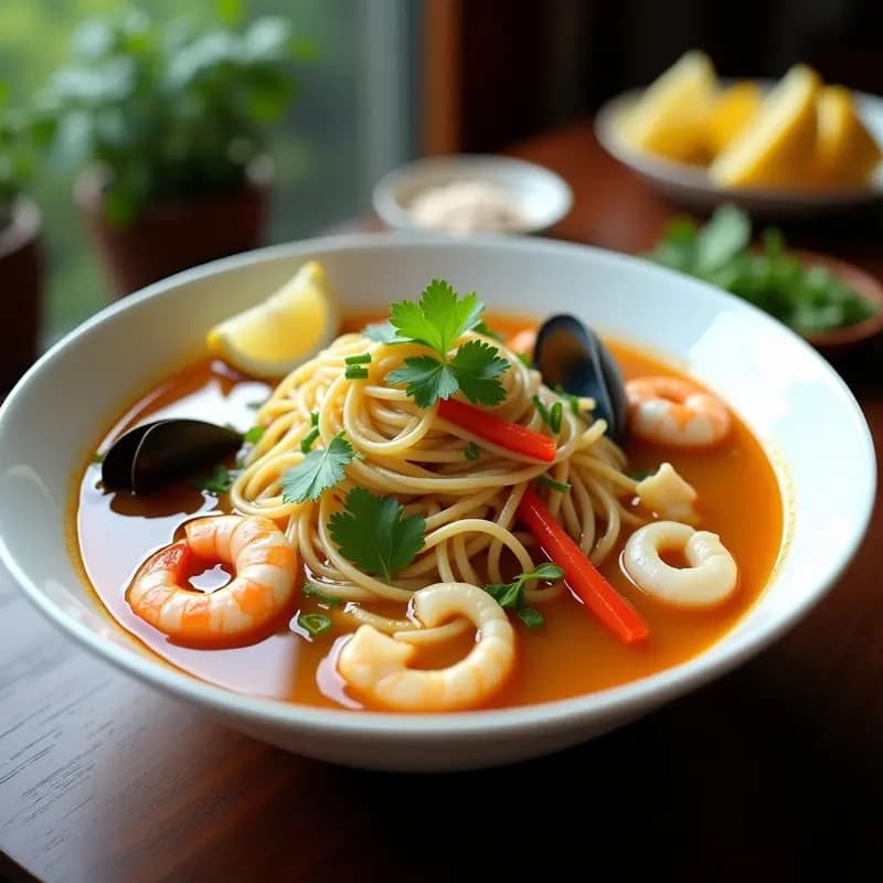 Bowl blanco hondo con sopa de fideos de arroz finos, gambas rosadas, mejillones y calamares en anillos, bañados en un caldo dorado y aromático. Decorado con rodajas de limón, cebollino picado, cilantro fresco y guindilla roja en un fondo rústico de madera. Receta china de Cantón rápida y ligera.