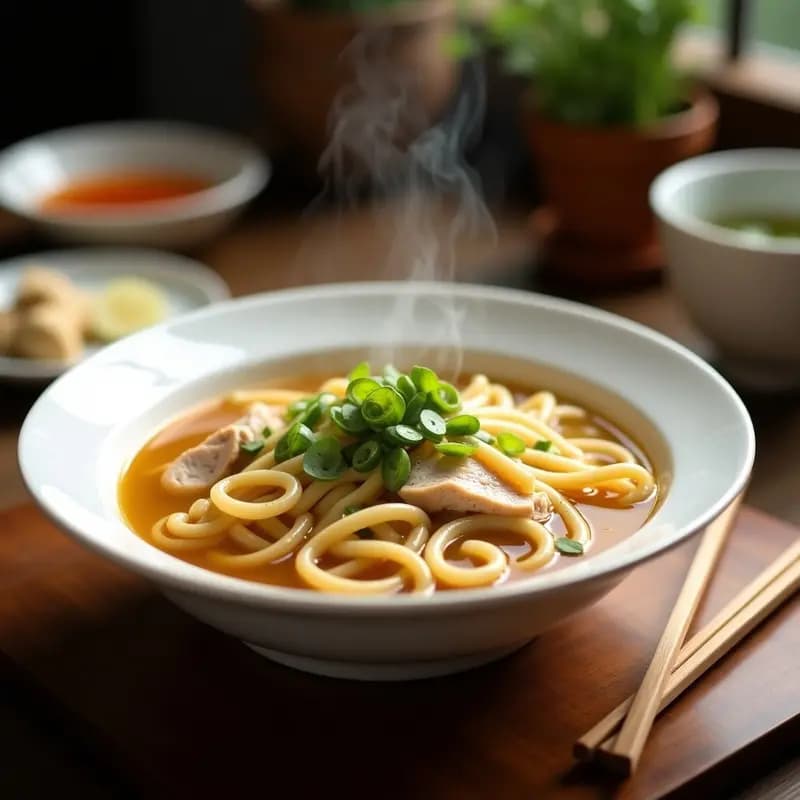 Cuenco de cerámica blanca con sopa de fideos con pollo y jengibre, receta china antigripal. Fideos dorados caseros flotando en un caldo aromático, trozos de pechuga de pollo, cebollino picado y brotes de soja. Rodaja de jengibre fresco y cucharada de aceite de sésamo tostado como decoración.