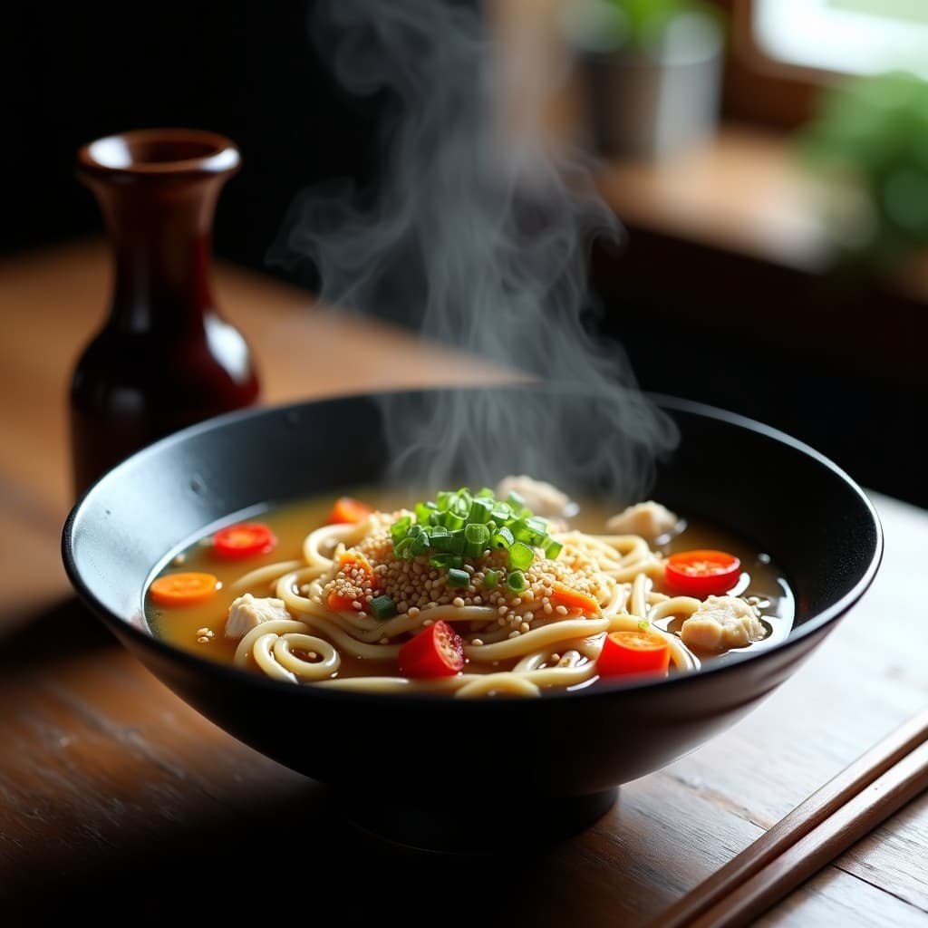 Cuenco hondo de cerámica negra con sopa de fideos soba, trozos de pollo desmenuzado, zanahoria, pimiento rojo y brotes de soja en un caldo dorado de miso. Decorado con cebollino picado y semillas de sésamo tostadas. Plato humeante sobre fondo de madera rústica.