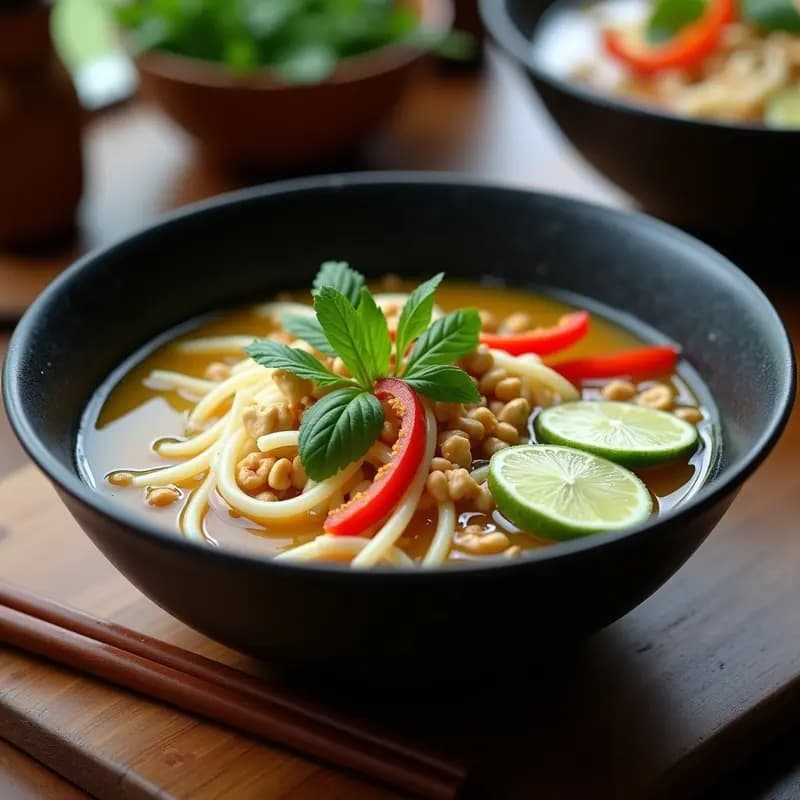 Cuenco hondo de cerámica blanca con sopa de fideos rice stick en caldo transparente, decorada con juliana de zanahoria, pimiento rojo, cebolla morada, cacahuetes triturados, menta fresca y rodajas de limón. Plato vietnamita vegano ligero y colorido sobre fondo de madera oscura.