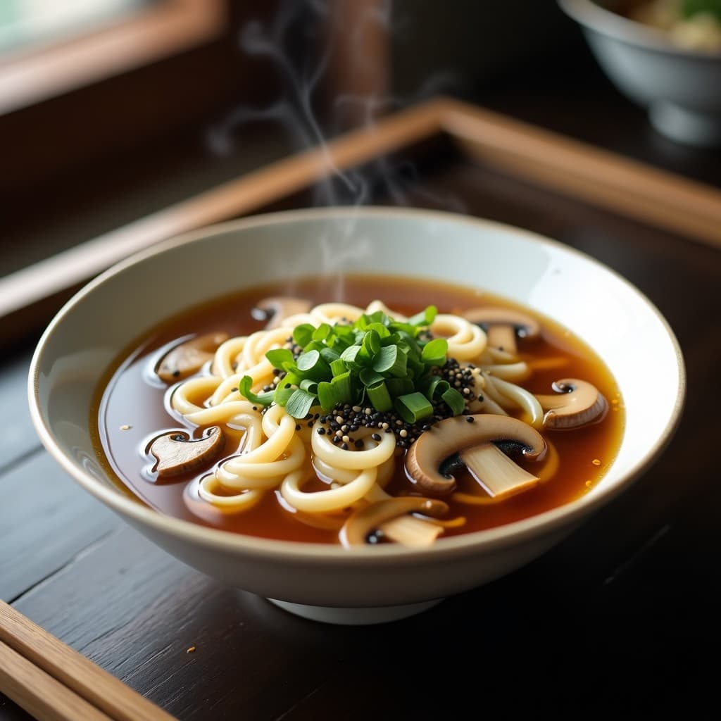 Cuenco de cerámica blanca con sopa humeante de fideos shirataki translúcidos, setas shimeji doradas y enoki, en un caldo de miso espeso. Decorado con cebollino fresco, semillas de sésamo negro y algas wakame verdes. Plato japonés low carb sobre fondo de madera oscura.