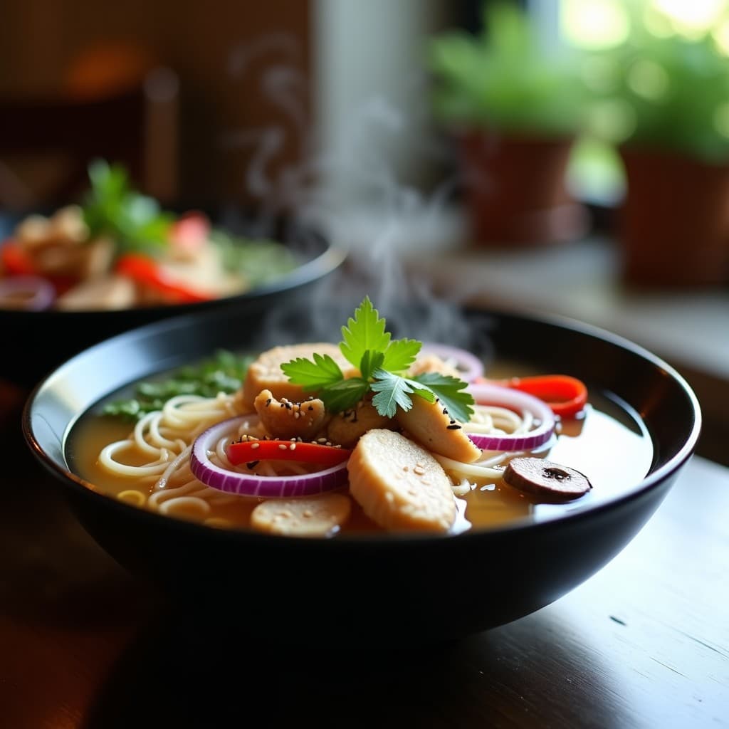Bowl de sopa humeante con fideos shirataki translúcidos, trozos de pollo, brócoli verde brillante, zanahoria naranja y champiñones shiitake, decorada con semillas de sésamo y cilantro fresco. Receta keto con toque asiático.