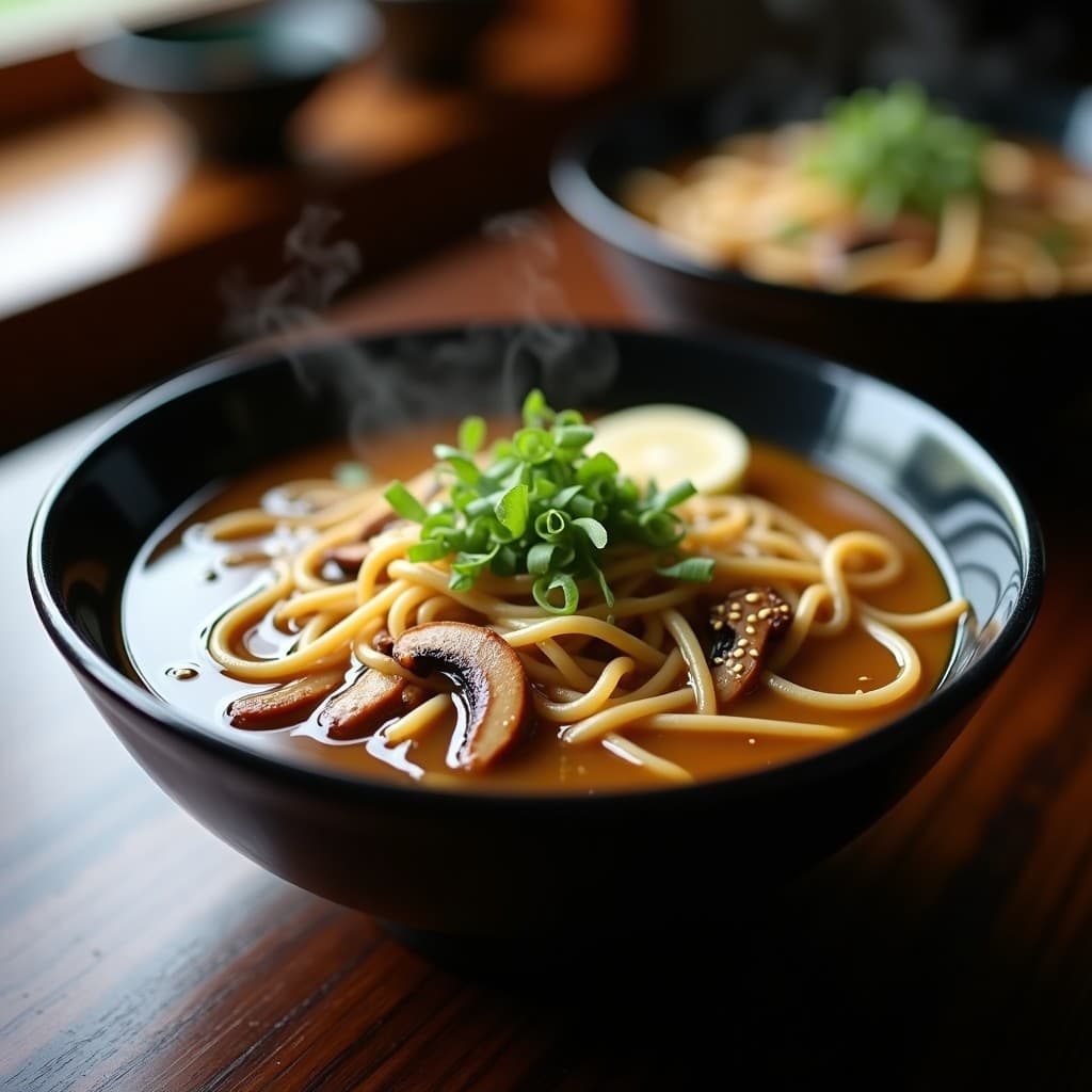 Tazón de cerámica negra con sopa de fideos soba al dente, hongos shimeji dorados y rodajas de jengibre fresco, decorado con cebollino picado y semillas de sésamo tostadas, sobre fondo de madera oscura.