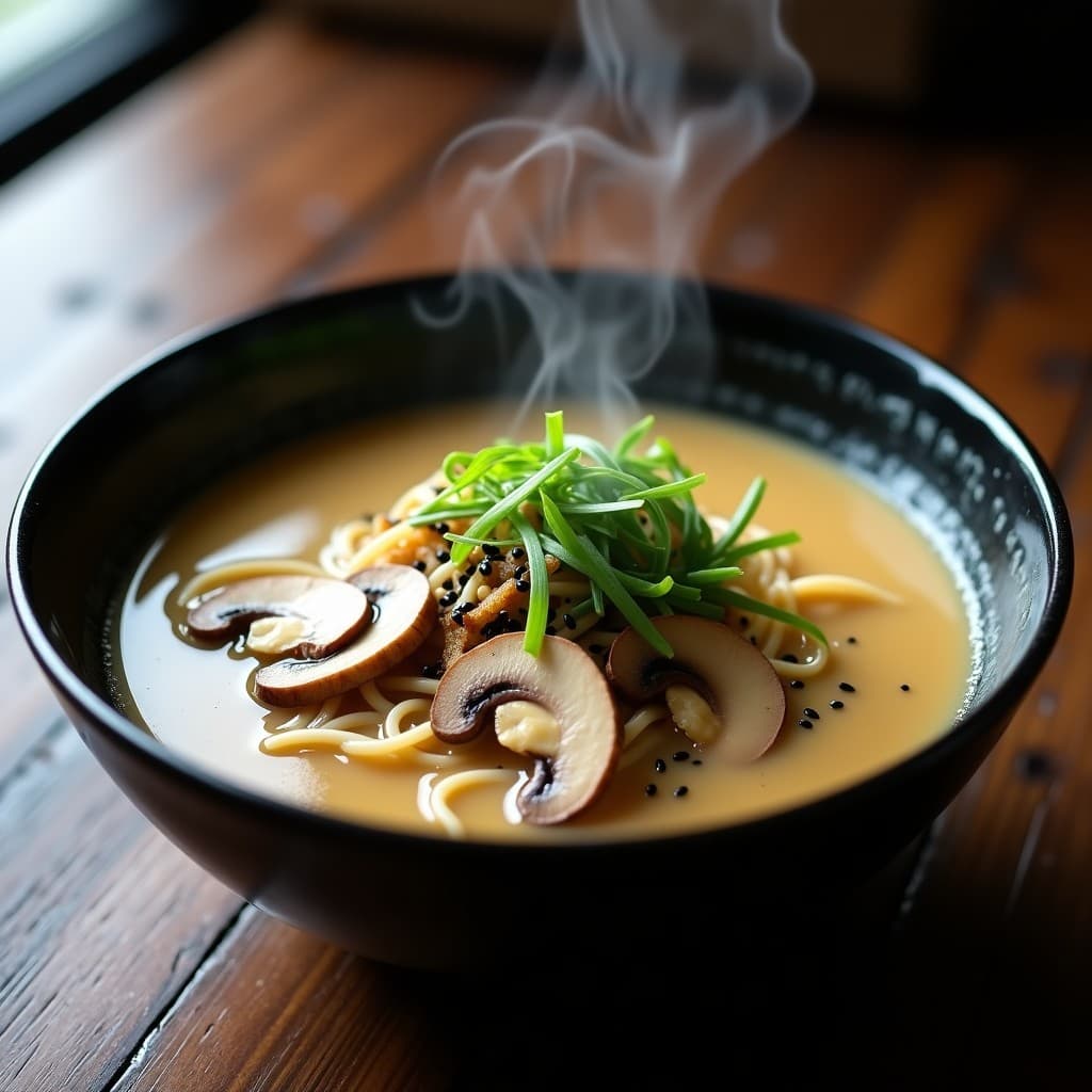 Cuenco hondo de cerámica negra con sopa de fideos soba sumergidos en un caldo de miso blanco espumoso, hongos matsutake dorados, cebollino picado y semillas de sésamo negro, sobre fondo de madera oscura.