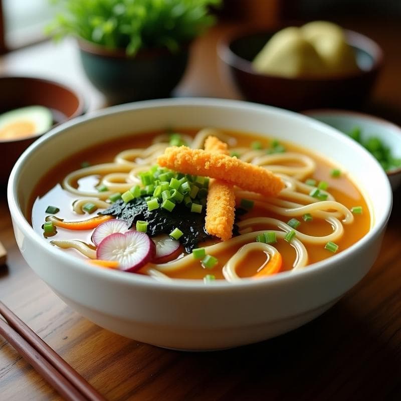 Cuenco hondo de cerámica oscura con sopa de fideos soba en caldo dashi dorado, coronada con rodajas crujientes de tempura de calabacín doradas, semillas de sésamo negro y cebollino picado. Plato japonés tradicional con texturas contrastantes.