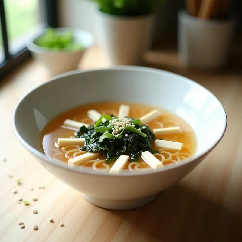 Cuenco blanco con sopa fría de fideos soba de color marrón claro, cubos de tofu sedoso, tiras de algas nori verdes oscuras, cebollino picado y semillas de sésamo blancas. Plato fresco y apetitoso sobre fondo de madera clara, con luz natural.