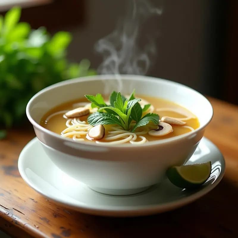 Cuenco hondo de cerámica blanca con sopa de fideos vermicelli sumergidos en un caldo pho dorado y aromático, acompañado de tiras de pollo, zanahoria en juliana, brotes de soja, hierbas frescas de cilantro y menta, semillas de sésamo tostadas y rodajas de chile. Plato tradicional vietnamita reconfortante y ligero.