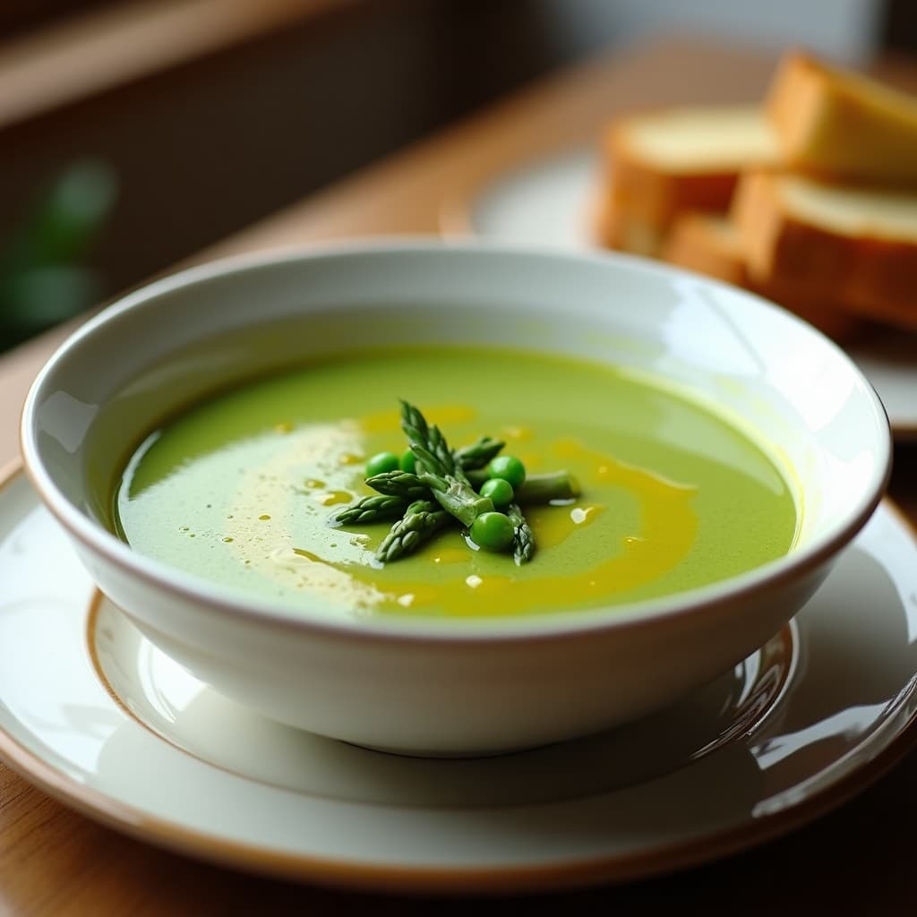 Cuenco de cerámica blanca con sopa fría de espárragos y trigos verdes, decorada con puntas de espárragos crudas y un hilo de aceite de oliva virgen extra, sobre fondo rústico con pan tostado.