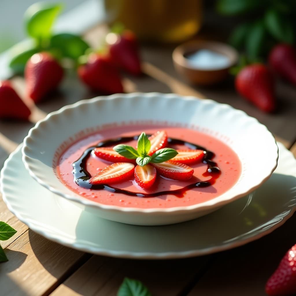 Cuenco blanco con sopa fría de fresas y albahaca, decorada con láminas de fresas, hojas de albahaca fresca y un hilo de vinagre balsámico. Fondo borroso con luz natural veraniega.