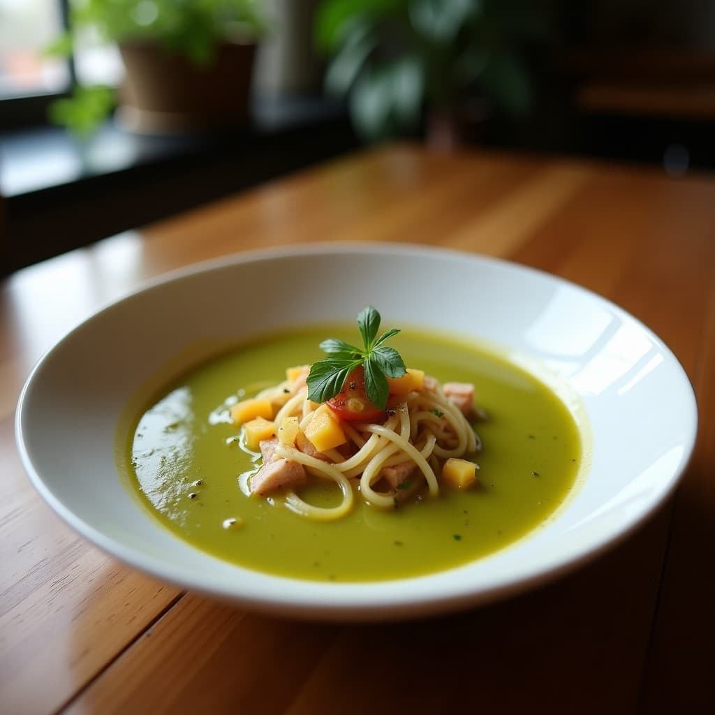 Sopa fría nepalí de gurkha y manzana verde servida en cuenco de barro, con vinagreta de mostaza en espiral y hojas de cilantro fresco. Plato refrescante y colorido, ideal para días calurosos.