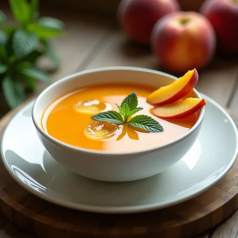 Cuenco de porcelana blanca con sopa fría de melocotón y hierbas de Provenza, decorada con rodajas de melocotón fresco y hojas de menta, sobre fondo rústico de madera con luz natural.