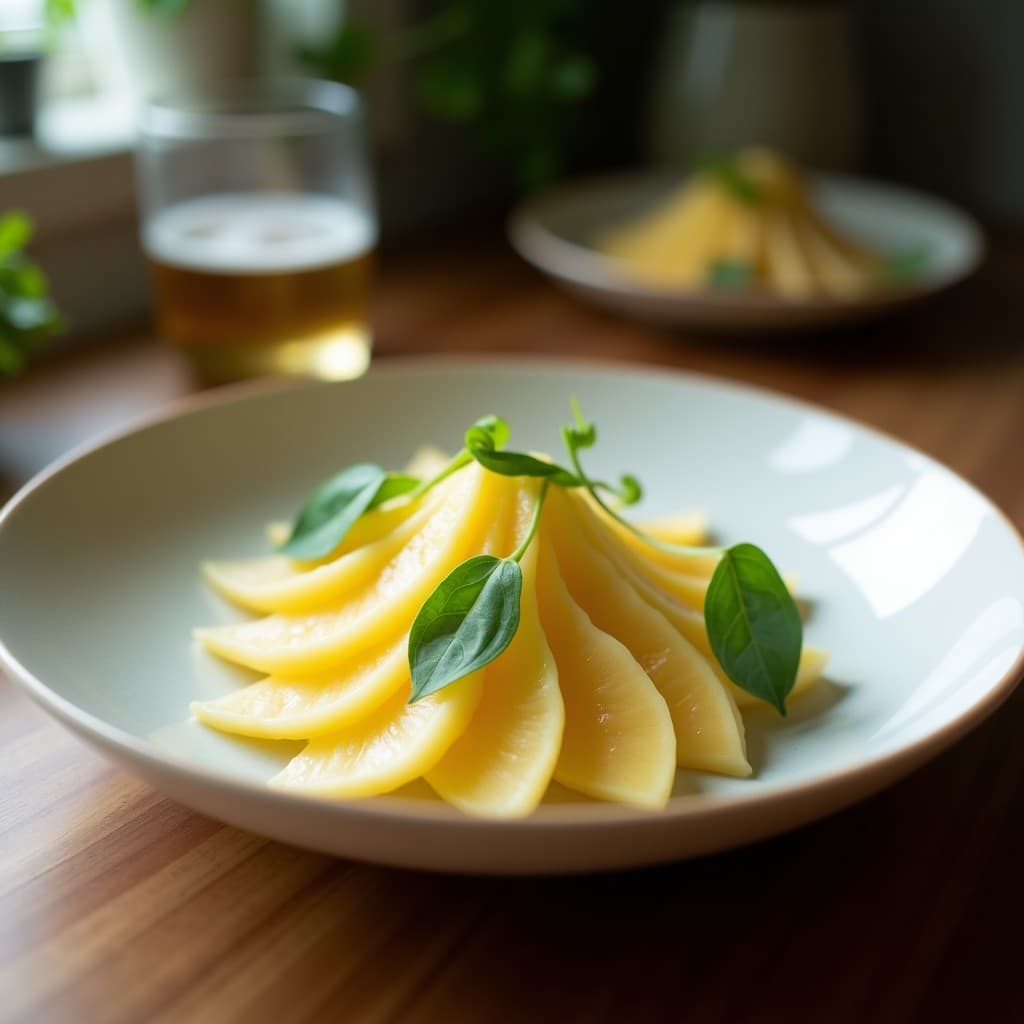 Cuenco blanco hondo con sopa fría de melón y jengibre de color crema claro, decorada con cubos de melón galia, hojas de menta y cilantro fresco, cacahuetes tostados picados, semillas de sésamo negro y una rodaja de lima kaffir al lado. Fondo borroso con hierbas tailandesas y luz natural veraniega.