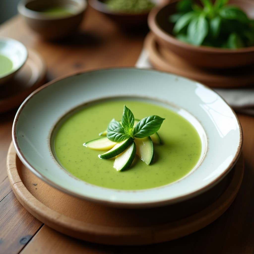 Sopa fría irlandesa de pepino y aguacate con infusión de albahaca servida en cuenco blanco sobre mesa de madera, decorada con hojas de albahaca fresca y hielo picado, con fondo de hierbas verdes.