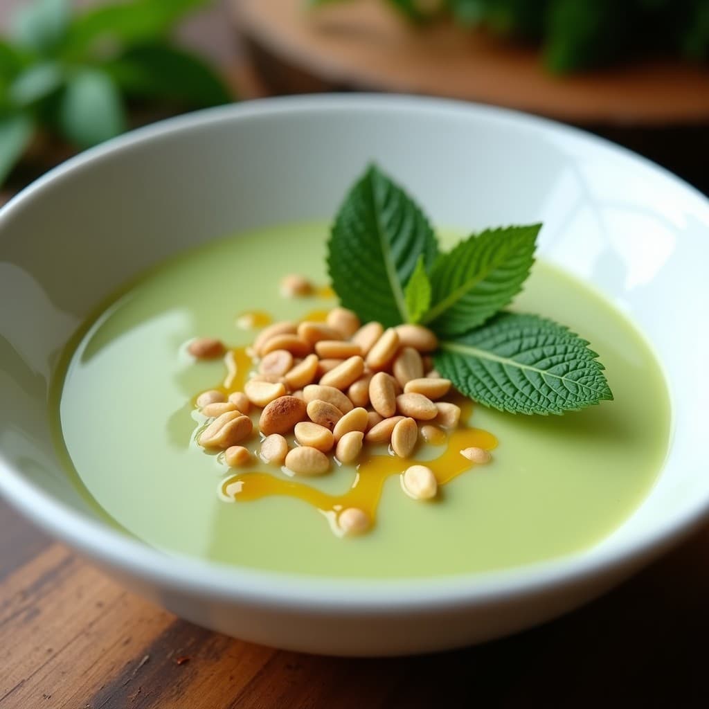 Cuenco blanco con sopa fría de pepino y arequipe, coronada con cacahuetes tostados picados y hojas de menta. Textura cremosa y color verde pálido con vetas doradas del arequipe, servida sobre una mesa de madera con fondo borroso.
