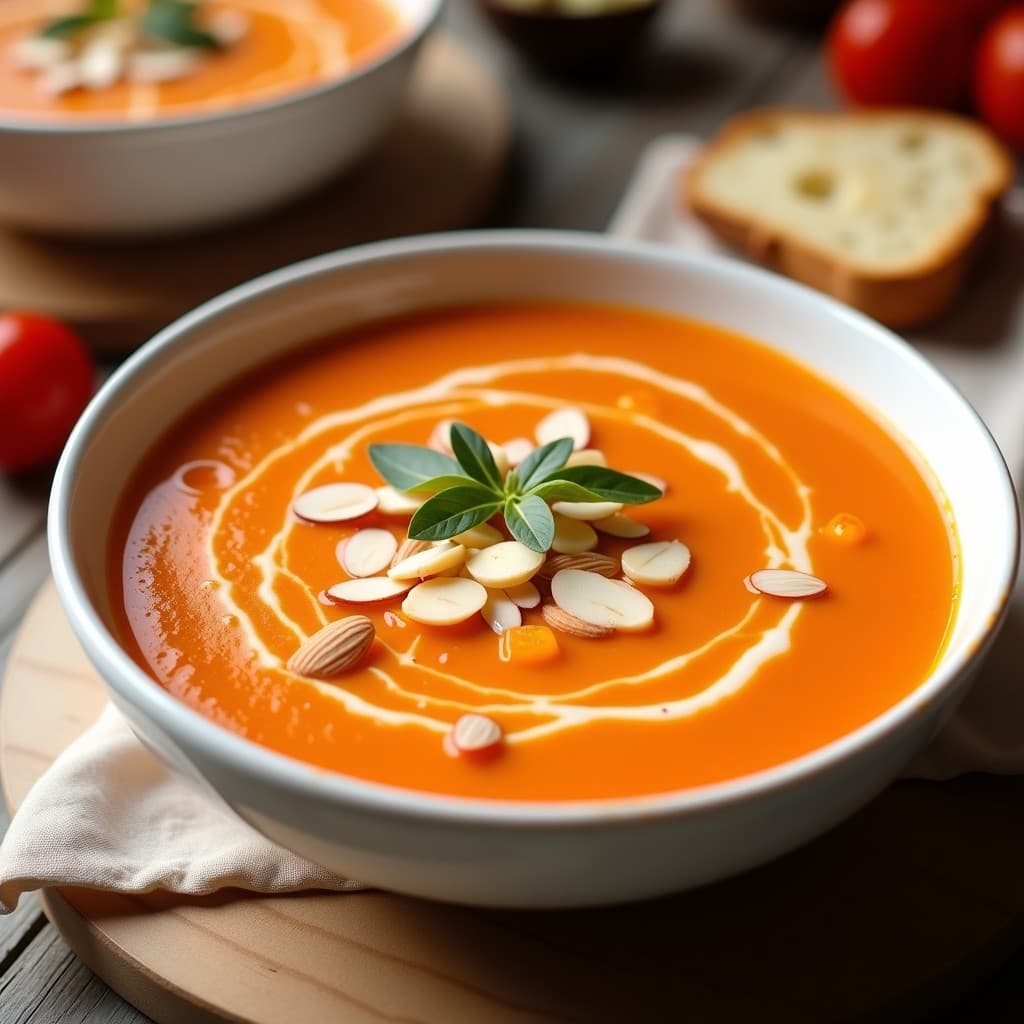 Cuenco de cerámica blanca con sopa fría de pimiento rojo y ajo blanco, decorada con almendras fileteadas y un hilo de aceite de oliva virgen extra. Fondo de mesa rústica con pan tostado.