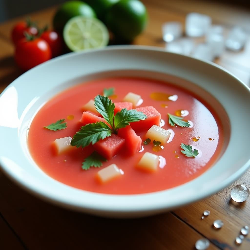 Cuenco de porcelana blanca con sopa fría de sandía y tomate verde, decorada con cubos de sandía, hojas de cilantro fresco y un hilo de aceite de oliva virgen extra. Fondo borroso con rodajas de lima y hielo picado.
