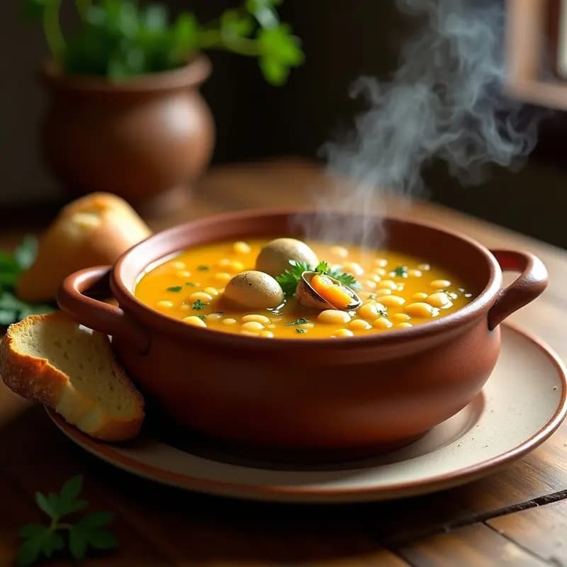 Cazuela de barro humeante con sopa de frijoles blancos y almejas con azafrán, servida con perejil fresco y pan rústico al lado, receta tradicional portuguesa en Thermomix.