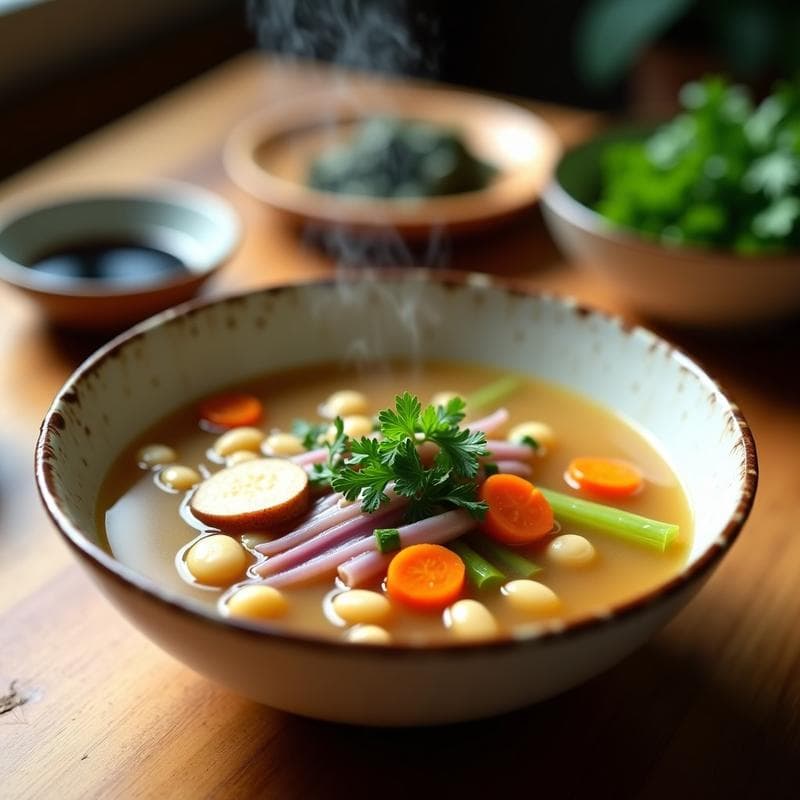 Bowl de cerámica blanca con sopa espesa de frijoles blancos, trozos de zanahoria, apio y cebolla, decorada con perejil fresco y láminas de jengibre. Al fondo, alga kombu y un cuenco de madera con salsa de soja. Receta depurativa de sopa de frijoles blancos y alga kombu en olla express.