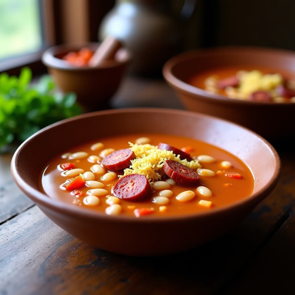Cazuela de barro humeante con sopa de frijoles canarios y chorizo vegano en rodajas, decorada con perejil fresco y un toque de mojo verde. Plato típico canario reconfortante y vegano.