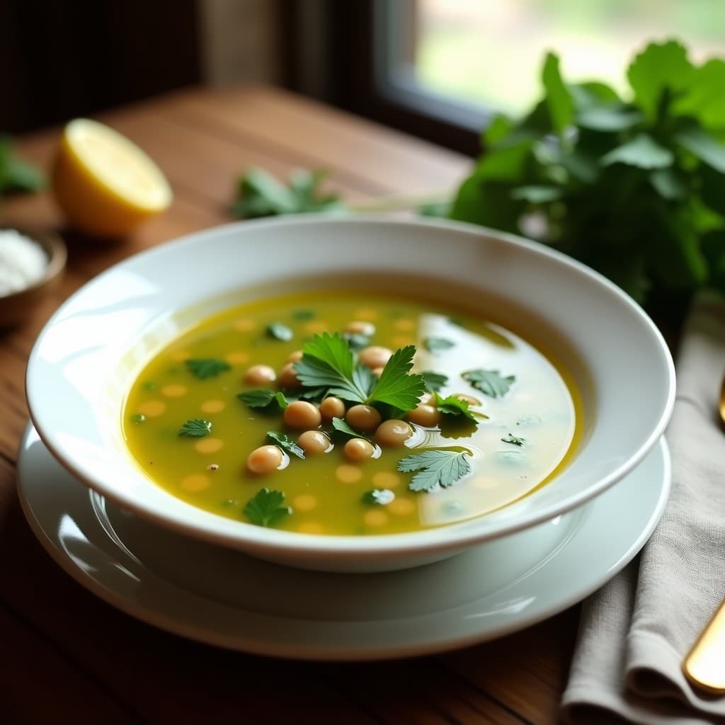 Tazón de cerámica blanca con sopa de frijoles mung verdes y espinacas frescas, decorada con hojas de cilantro y rodajas de limón. Plato ayurvédico depurativo servido en olla exprés, con fondo de mesa de madera rústica.